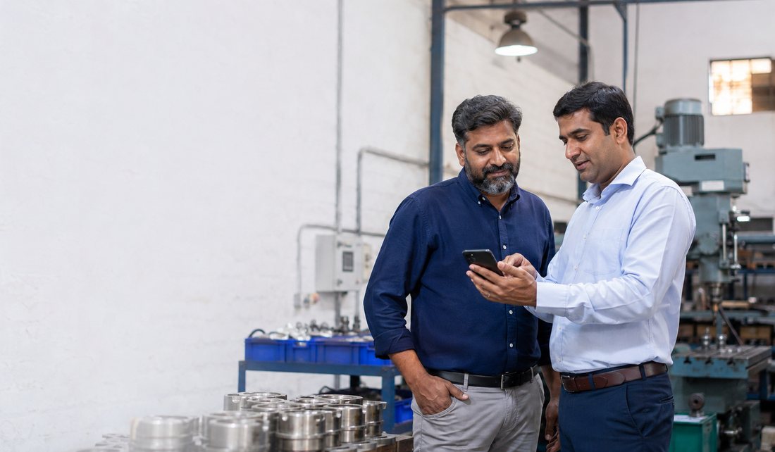 Two people reviewing figures on a phone inside a small engineering workshop