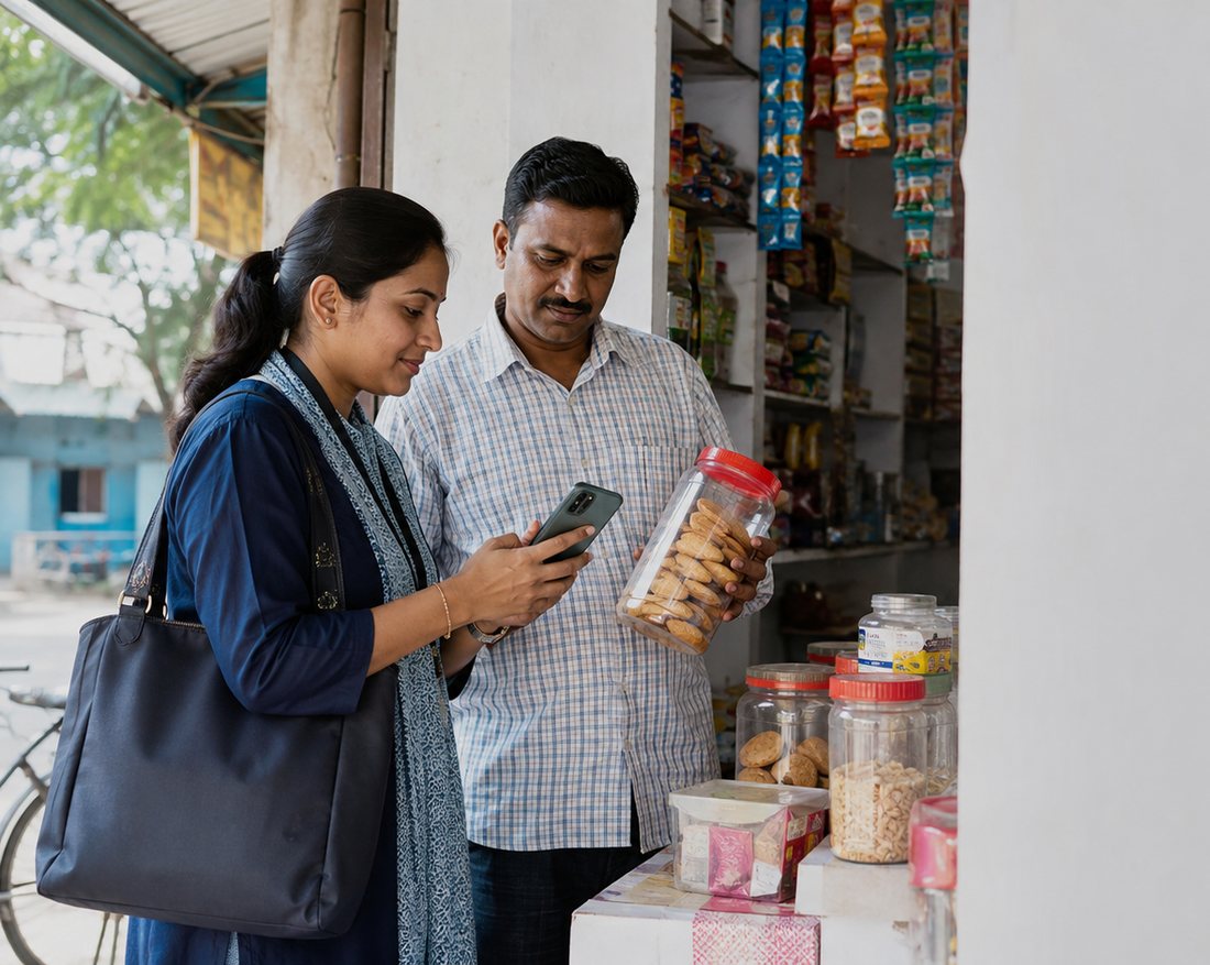 A customer and a shopkeeper at the counter of a neighbourhood store
