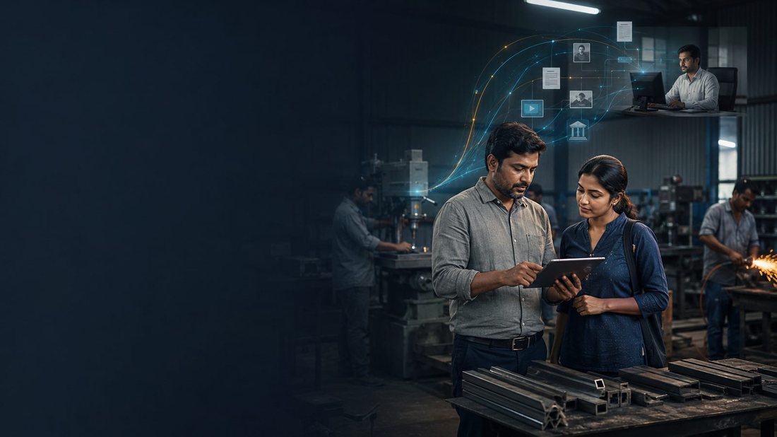 Workers on a fabrication floor reviewing a job on a tablet