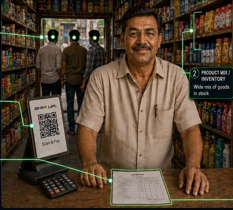 A shop owner at his counter, with observable business signals marked on the scene